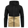Men's professional outdoor hooded windbreaker jacket featuring a stylish black and tan color block design - S / Tops / Khaki