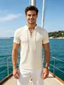 Men's cream lace-up V-neck waffle knit short sleeve t-shirt shown in yacht setting - Off White
