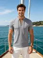 Close-up of men's casual grey lace-up V-neck T-shirt with textured waffle fabric - Light Gray