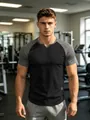 Men's slim fit raglan sleeve sports T-shirt in black and gray for gym fitness training - S / Tops / Black Dark Gray Contrast