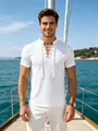 Detailed view of a men's white casual lace-up V-neck shirt worn on a luxury yacht. - S / Tops / White