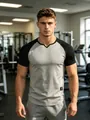 Detailed view of men's slim fit raglan sleeve sports t-shirt with V-neck in a gym setting - S / Tops / Light Gray Black Contrast