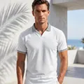 Close-up of white men's short-sleeve polo shirt featuring geometric patterned collar detail - S / Tops / White