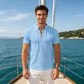 Men's casual light blue waffle knit lace-up V-neck T-shirt shown on a luxury sailboat - S / Tops / Sky Blue
