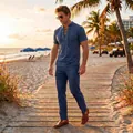 Stylish men's blue waffle knit lace-up short sleeve shirt and trousers beach set - S / Top And Bottom / Navy Blue
