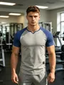 Detailed view of a men's slim fit raglan sleeve athletic t-shirt in a professional gym setting - S / Tops / Light Gray Navy Contrast