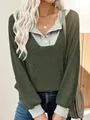 Maglione casual da donna in maglia verde oliva con spalle scese e polsini a costine - Taglia S / Top / Verde militare