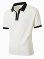 Close-up of men's white polo shirt with black contrast collar and half-zipper detail - L / Tops / White