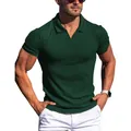 Detailed view of men's dark green ribbed short-sleeve polo shirt with V-neck design - S / Tops / Dark Green