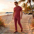 Men's summer casual two-piece set featuring lace-up short sleeve shirt and trousers - Burgundy