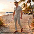 Men's summer casual lace-up short sleeve shirt and matching trousers set on a sunny beach - S / Top And Bottom / Light Gray