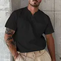 Detailed view of a men's black V-neck short sleeve T-shirt featuring a stylish chest pocket - S / Tops / Black