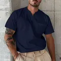 High quality close-up of men's navy blue short sleeve V-neck T-shirt with chest pocket - S / Tops / Navy Blue