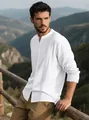 Detail view of a white men's cotton linen shirt with vertical pleats and a stand collar. - S / Tops / White