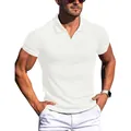Men's slim fit white V-neck short sleeve polo shirt with vertical ribbed texture - S / Tops / White