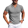 Men's slim fit grey ribbed short sleeve polo shirt with a stylish deep V-neck design - S / Tops / Light Gray