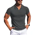 Men's slim fit ribbed short sleeve polo shirt with v-neck design in dark grey color - S / Tops / Dark Gray