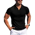 Men's black slim fit ribbed V-neck short sleeve Polo shirt with high elasticity - S / Tops / Black