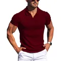 Slim fit men's ribbed polo shirt with V-neck in dark red, lightweight summer style. - S / Tops / Wine Red