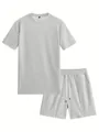 Grey waffle knit texture men's two-piece sports set with short sleeve tee and shorts - S / Top And Bottom / Gray