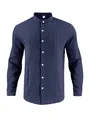 Classic men's cotton linen long-sleeved shirt with stand collar in deep navy blue - S / Tops / Navy Blue