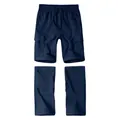 Detail of navy blue detachable cargo pants with multi-pockets and drawstring waist. - S / Bottoms / Navy Blue