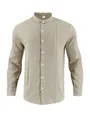 Casual khaki men's cotton linen long sleeve shirt featuring a mandarin collar and pleats - S / Tops / Khaki