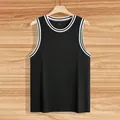 Macro view of men's black knitted ribbed tank top featuring contrasting white striped trim - S / Tops / Black
