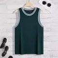Close-up of men's dark green ribbed knit tank top with athletic striped neck trim - S / Tops / Dark Green