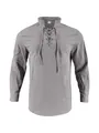 Detailed macro view of a men's gray cotton linen Henley shirt with lace-up neckline - S / Gray