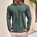 Men's solid dark green long-sleeved polo shirt in thermal fabric for autumn and winter. - S / Tops / Green