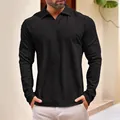 Premium men's solid black long-sleeve polo shirt perfect for casual autumn and winter wear - Black