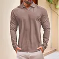 Men's stylish long-sleeved polo shirt in brown solid color soft German velvet fabric - S / Tops / Khaki