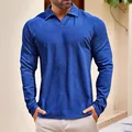 Comfortable royal blue long-sleeve polo shirt for men featuring a classic V-neck collar - S / Tops / Blue