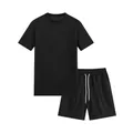 Men's black waffle texture sports set with quick-dry t-shirt and drawstring shorts - S / Top And Bottom / Black