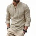 Detail view of men's linen Henley shirt with lace-up collar and rolled sleeves - Light Khaki