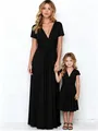 Elegantes vestidos negros a juego para madre e hija con cuello en V para fiestas y eventos. - S/M / Bottoms / 5-8 Años / Negro