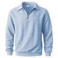 Pullover polo da uomo celeste con mezza zip e trama a treccia per primavera e autunno - Celeste