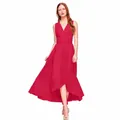 Elegant rose red multi-way wrap dress featuring a high-low hemline and pleated waist - S / Red