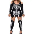 Detailed skeleton bone print on black cold-shoulder Halloween mini dress costume - S / Top And Bottom (LQ3389) / Black