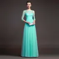 Elegantes mintgrünes Abendkleid mit Spitze und langen Ärmeln für Damen mit bodenlangem Rock - Grün