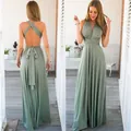 Vue de face et de dos d'une robe longue multi-positions vert sauge à dos croisé - Vert Gris