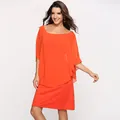 Vibrant orange double-layered chiffon dress with capelet sleeve detail for formal wear - Orange Red