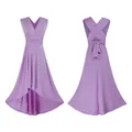 Detailed front and back view of a lavender multi-way bandage dress with a high-low hemline - S / Purple