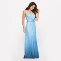 Detail view of a light blue gradient multi-way wrap evening gown with an open back design - S / Gradient Peacock Blue