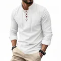 Men's casual white cotton-linen long-sleeve Henley shirt featuring a lace-up front design - S / Tops / White