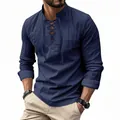 Men's navy blue long sleeve cotton linen Henley shirt with a stylish lace-up front - S / Tops / Navy Blue