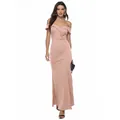 Elegant off-shoulder V-neck peach evening gown featuring a slim fit mermaid silhouette - S / Top And Bottom / Champagne Pink