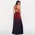 Rear view of a multi-way wrap gradient maxi dress with elegant criss-cross back straps. - Ombre Wine Red