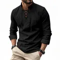 Men's black long sleeve cotton linen Henley shirt with lace-up stand collar - S / Tops / Black